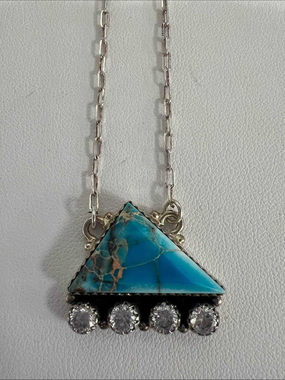 Sterling Silver, Jasper Triangle Pendant Necklace with  4 cubic zirconia stones